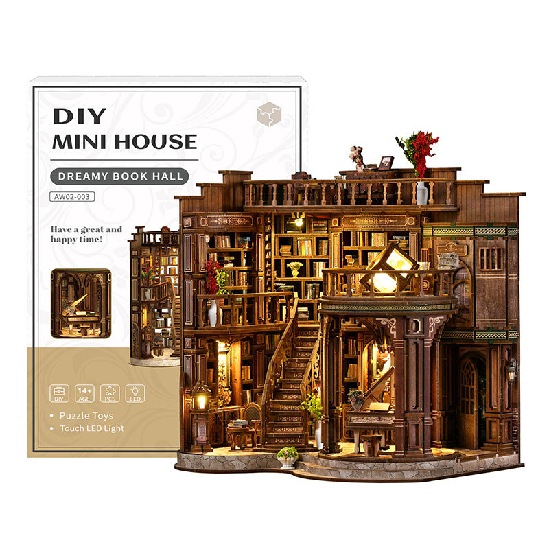 Qimeng Book Hall DIY Cottage Retro European-Style Architectural Model Hand-Assembled Miniature House Creative Toy Gift