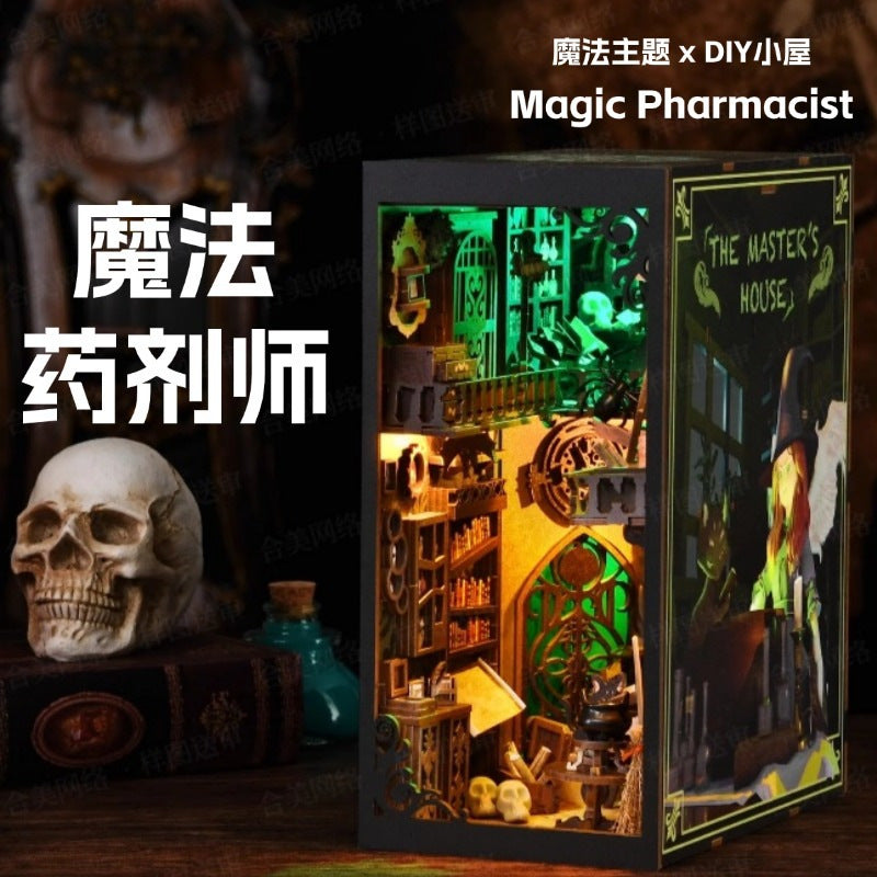 Magic Time Library DIY Cabin Book Stand Toy Ornaments Handmade Assembled Model Small House Building Blocks Gift