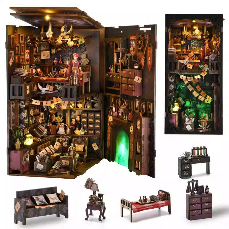 Magic Time Library DIY Cabin Book Stand Toy Ornaments Handmade Assembled Model Small House Building Blocks Gift