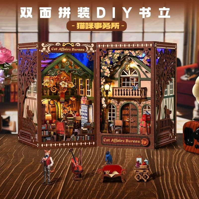 Magic Time Library DIY Cabin Book Stand Toy Ornaments Handmade Assembled Model Small House Building Blocks Gift