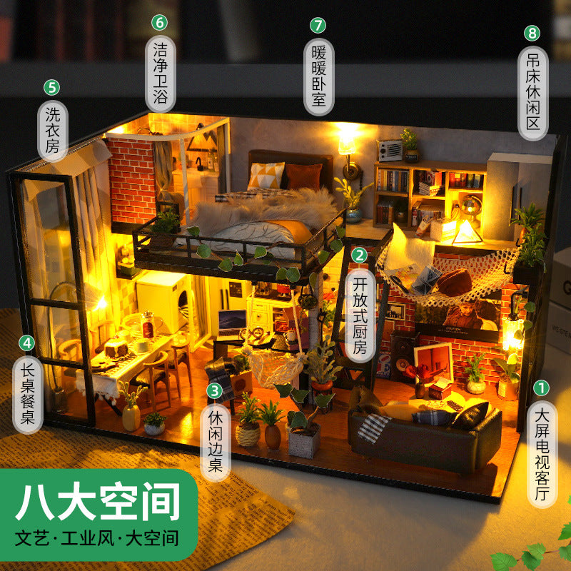 DIY Hut Handmade House Model Wooden Assembled Miniature Landscape Kidsren's Educational Toys Birthday Gift with Lights