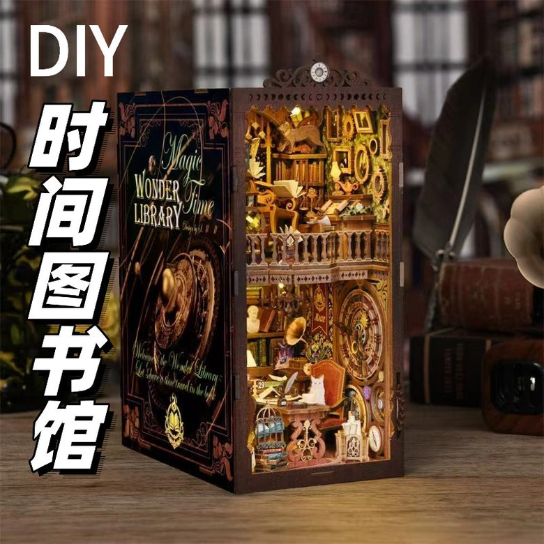Magic Time Library DIY Cabin Book Stand Toy Ornaments Handmade Assembled Model Small House Building Blocks Gift