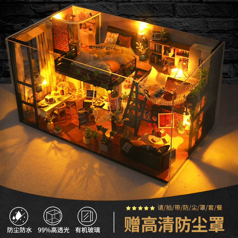 DIY Hut Handmade House Model Wooden Assembled Miniature Landscape Kidsren's Educational Toys Birthday Gift with Lights